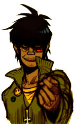 Rule 34 | 1boy, bad id, bad pixiv id, black hair, clenched hand, cross, cross necklace, gorillaz, heterochromia, inverted cross, jewelry, lapel pin, looking at viewer, male focus, murdoc niccals, necklace, open mouth, pbt, sharp teeth, simple background, sketch, solo, teeth, white background
