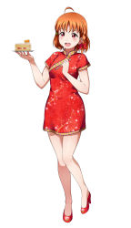 Rule 34 | 1girl, :d, absurdres, ahoge, bare legs, bow, braid, cake, cake slice, china dress, chinese clothes, clover hair ornament, dress, food, fork, full body, hair bow, hair ornament, high heels, highres, holding, holding fork, holding plate, love live!, love live! school idol festival, love live! sunshine!!, open mouth, orange hair, plate, red bow, red dress, red eyes, red footwear, shiimai, short sleeves, side braid, simple background, smile, solo, takami chika, white background