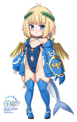Rule 34 | 1girl, absurdres, bailingxiao jiu, bare shoulders, blonde hair, blue bow, blue choker, blue eyes, blue footwear, blue jacket, blue leotard, blush, boots, bow, braid, choker, clothing cutout, collarbone, commentary request, full body, gauntlets, groin, hair bow, highres, hood, hood down, hooded jacket, jacket, laurel crown, leotard, long sleeves, looking at viewer, navel, navel cutout, off shoulder, open clothes, open jacket, original, parted lips, pixiv id, puffy long sleeves, puffy sleeves, shortstack, simple background, single gauntlet, sleeves past wrists, solo, standing, thigh boots, twitter username, warhammer 40k, white background