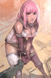 Rule 34 | 1girl, asymmetrical clothes, asymmetrical legwear, bare shoulders, boots, bracelet, breasts, choker, cleavage, elbow gloves, gloves, green eyes, huge weapon, hunewearl, jewelry, kichin yarou, large breasts, leaning forward, long hair, looking at viewer, parted lips, phantasy star, phantasy star online, pink hair, pointy ears, realistic, ruins, sega, single elbow glove, single glove, single thighhigh, sleeveless, solo, spiked bracelet, spikes, sword, thighhighs, uneven legwear, v arms, weapon