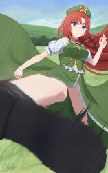 1girl absurdres beckody black_bow black_ribbon blue_eyes bow braid commentary green_vest hair_bow hat hat_ornament highres hong_meiling incoming_kick kicking long_hair looking_at_viewer multiple_hair_bows neck_ribbon open_mouth outdoors puffy_short_sleeves puffy_sleeves red_hair ribbon short_sleeves side_slit solo star_(symbol) star_hat_ornament touhou twin_braids very_long_hair vest