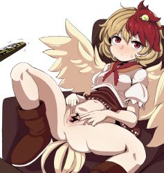Rule 34 | 1girl, armchair, bird, bird girl, bird tail, bird wings, blonde hair, blush, boots, breasts, brown dress, brown footwear, capelet, censored, chair, chick, dress, epic armageddon, female focus, highres, looking at viewer, multicolored hair, neck ribbon, nervous, niwatari kutaka, pointless censoring, polka dot, polka dot dress, puffy short sleeves, puffy sleeves, pussy, red eyes, red hair, red ribbon, ribbon, rod of remorse, short sleeves, sitting, small breasts, solo, spread legs, spread pussy, sweat, sweatdrop, tail, touhou, trembling, two-tone hair, white capelet, wings