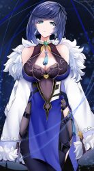 Rule 34 | 1girl, bare shoulders, blue dress, blue eyes, blue hair, blunt bangs, bob cut, breasts, cleavage, commentary request, cowboy shot, dress, earrings, fur-trimmed jacket, fur trim, genshin impact, highres, jacket, jewelry, large breasts, ritou08, short hair, sleeveless, sleeveless dress, solo, standing, vision (genshin impact), white jacket, yelan (genshin impact)
