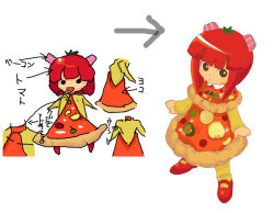 Rule 34 | 1girl, :&lt;, blunt bangs, brown eyes, capelet, dress, food, food-themed clothes, food print, mary janes, multiple views, original, pizza, pizza-tan, red hair, shoes, short hair