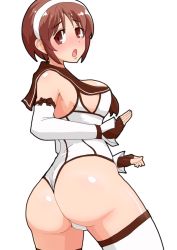 Rule 34 | 10s, 1girl, ashitaba tomorou, ass, bare shoulders, blush, breasts, brown eyes, brown hair, detached sleeves, fingerless gloves, gloves, hairband, kantai collection, large breasts, leotard, looking at viewer, looking back, natori (kancolle), open mouth, shiny skin, short hair, sideboob, simple background, solo, thighhighs, thong leotard, white background