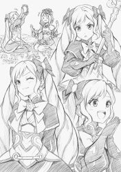 Rule 34 | +++, 2girls, :3, :d, :o, bow, commentary request, drill hair, elise (fire emblem), eyelashes, fire emblem, fire emblem fates, greyscale, head wreath, holding, holding staff, long hair, mixed-language commentary, monochrome, multiple girls, multiple views, nintendo, one eye closed, open mouth, own hands together, parted bangs, sakura (fire emblem), seiza, sitting, smile, staff, teeth, ten (tenchan man), twin drills, twintails, upper teeth only, v-shaped eyebrows