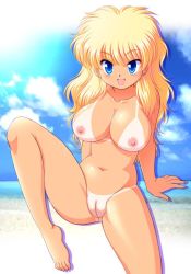 Rule 34 | 1girl, barefoot, beach, blonde hair, blue eyes, breasts, cleft of venus, earrings, jewelry, long hair, nude, open mouth, pussy, solo, tan, tanline, tanuki yousuke