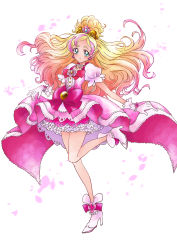 Rule 34 | 1girl, blonde hair, blush, bow, bowtie, cure flora, dress, earrings, floating hair, full body, gloves, go! princess precure, gradient hair, green eyes, hair ornament, haruno haruka, high heels, highres, jewelry, layered dress, long hair, looking at viewer, multicolored hair, necklace, pink dress, pink hair, precure, red bow, red bowtie, sharumon, short sleeves, solo, standing, standing on one leg, very long hair, white background, white footwear, white gloves
