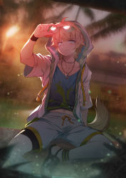 Rule 34 | 1boy, absurdres, animal ears, arknights, blonde hair, blue shirt, blurry, blurry background, bokeh, breath, depth of field, dog boy, dog ears, dog tags, dog tail, ear piercing, evening, eyewear on head, highres, hood, hood up, jacket, jewelry, looking at viewer, male focus, open clothes, open jacket, outdoors, piercing, projectbamboo, shirt, short sleeves, shorts, solo, sunglasses, tail, tequila (arknights), white jacket