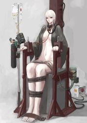 Rule 34 | 1girl, albino, bad proportions, bdsm, blanket, cable, catheter, collar, covered erect nipples, gas cylinder, highres, intravenous drip, jittsu, lock, original, padlock, pale skin, red eyes, restrained, russian text, sitting, solo, spiked collar, spikes, stationary restraints, white hair