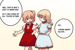 Rule 34 | 2girls, blonde hair, blue dress, collared shirt, commentary, dot nose, dress, earlobes, ebisu eika, english commentary, english text, feet out of frame, flandre scarlet, hand in pocket, juliet sleeves, long sleeves, looking at another, multiple girls, open mouth, pointy ears, ponytail, puffy sleeves, red dress, red eyes, shirt, short hair, short sleeves, speech bubble, touhou, wings, yellow background, yellow neckwear, yoruny