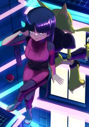 Rule 34 | 1girl, absurdres, alakazam, black bodysuit, black hair, blunt bangs, bodystocking, bodysuit, breasts, closed mouth, creatures (company), crop top, dress, from above, frown, game freak, gen 1 pokemon, gym leader, highres, holding, holding spoon, long hair, looking at viewer, multicolored clothes, nintendo, pantyhose, poke ball, poke ball (basic), pokemon, pokemon (creature), pokemon lgpe, red eyes, red shirt, ryoha kosako, sabrina (pokemon), shirt, sidelocks, skirt, sleeveless, sleeveless shirt, spoon, staring, very long hair