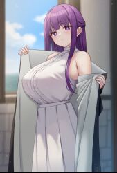 Rule 34 | 1girl, blush, breasts, bright pupils, dress, fern (sousou no frieren), half updo, highres, huge breasts, looking at viewer, mijikayo, outdoors, pleated dress, purple eyes, purple hair, robe, sleeveless, sleeveless dress, solo, sousou no frieren, two-sided robe, undressing, white dress, white pupils