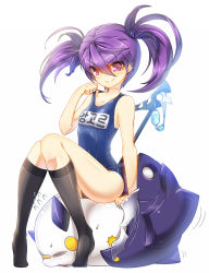 Rule 34 | 1girl, aisha landar, angkor (elsword), bad id, bad pixiv id, black socks, creature, elsword, goggles, grin, highres, kneehighs, korean text, long hair, one-piece swimsuit, poseich, purple eyes, purple hair, school swimsuit, shiny clothes, short hair, sitting, sitting on person, smile, smug, socks, solo, staff, swimsuit, tiptoes, twintails, void princess, void princess (elsword), white background