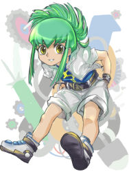 Rule 34 | 1boy, artist request, green hair, hands in pockets, jacket, long hair, lua (yu-gi-oh!), ponytail, power tool dragon, shoes, shorts, sneakers, solo, trap, yellow eyes, yu-gi-oh!, yu-gi-oh! 5d&#039;s
