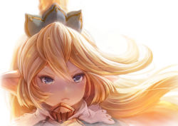 Rule 34 | 1girl, blonde hair, blue eyes, blurry, charlotta (granblue fantasy), closed mouth, crown, depth of field, frown, granblue fantasy, hair between eyes, harvin, long hair, pointy ears, portrait, solo, v-shaped eyebrows, white background, xion (nyoxion)