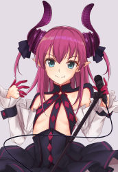 Rule 34 | 10s, 1girl, aqua eyes, black skirt, breasts, closed mouth, detached sleeves, elizabeth bathory (fate), elizabeth bathory (fate/extra ccc), elizabeth bathory (first ascension) (fate), fang, fang out, fate/extra, fate/extra ccc, fate (series), frilled skirt, frills, grey background, highres, horns, itachi kanade, long hair, looking at viewer, microphone, pink hair, pointy ears, simple background, skirt, small breasts, smile, solo