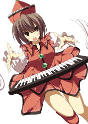 Rule 34 | 1girl, brown eyes, brown hair, buttons, dutch angle, female focus, foreshortening, hat, instrument, keyboard, keyboard (instrument), lyrica prismriver, open mouth, red footwear, red hat, red shirt, red skirt, sakurame, shirt, shoes, skirt, solo, touhou, white sleeves