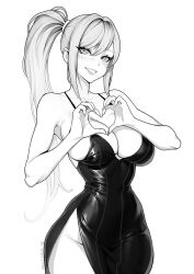 Rule 34 | 1girl, artist name, blush, brassica, breasts, collarbone, dress, heart, heart hands, highres, large breasts, long hair, mole, mole under mouth, original, ponytail, side slit, sidelocks, sleeveless, sleeveless dress, smile, solo, thick eyelashes