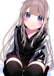 Rule 34 | 1girl, between legs, black hoodie, black thighhighs, blush, brown hair, chikuwa., closed mouth, commentary request, hand between legs, highres, hood, hood down, hoodie, long hair, long sleeves, looking at viewer, no shoes, original, purple eyes, seiza, sitting, solo, thighhighs, very long hair, white background