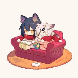 Rule 34 | 2girls, animal ear fluff, animal ears, arknights, blush, book, chibi, closed eyes, commentary request, couch, drooling, ear piercing, eyebrows hidden by hair, grey background, grey hair, hair between eyes, hair ornament, hairclip, inuko (redconstellation), lappland (arknights), leaning on person, leaning to the side, mouth drool, mouth hold, multiple girls, on couch, onesie, open book, open mouth, orange eyes, piercing, red scarf, rug, scar, scar across eye, scar on face, scarf, sitting, sleeping, sleeping on person, slippers, unworn slippers, texas (arknights), watermark, white footwear
