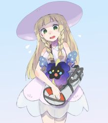 Rule 34 | 1girl, bad id, bad pixiv id, bag, bare arms, bare shoulders, blonde hair, blue background, blunt bangs, braid, breasts, collared dress, cosmog, cowboy shot, creatures (company), dress, duffel bag, flying sweatdrops, frown, game freak, gen 7 pokemon, gradient background, green eyes, handbag, hat, highres, kokko3, legendary pokemon, lillie (pokemon), long hair, looking at another, looking down, medium breasts, nintendo, open mouth, poke ball theme, pokemon, pokemon (creature), pokemon sm, see-through, sleeveless, sleeveless dress, sparkle, standing, strap, sun hat, sundress, teeth, twin braids, white dress, white hat