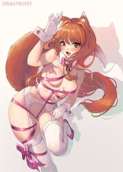 Rule 34 | 1girl, alternate costume, animal ear fluff, animal ears, arm up, artist name, blush, bow, bowtie, breasts, brown eyes, brown hair, detached collar, dr altruist, fake animal ears, fang, floating hair, foot out of frame, garter belt, gloves, gluteal fold, hair between eyes, holo, leaning to the side, long hair, looking at viewer, medium breasts, navel, open mouth, pink bow, pink bowtie, pink footwear, pink ribbon, rabbit ears, ribbon, shadow, shoes, solo, spice and wolf, standing, standing on one leg, tail, tail raised, thighhighs, very long hair, white background, white garter belt, white gloves, white thighhighs, white wrist cuffs, wolf ears, wolf girl, wolf tail, wrist cuffs