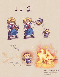 Rule 34 | absurdres, alice margatroid, blonde hair, blue dress, blue eyes, bow, capelet, command input, doll, dress, explosion, fighting game, hair bow, hairband, highres, long hair, motion lines, nero augustus, red hairband, shanghai doll, short hair, street fighter, street fighter 6, throwing, touhou, white capelet
