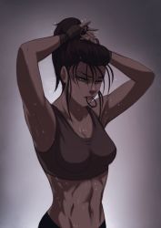 Rule 34 | 1girl, armpits, fingerless gloves, gloves, hair tie in mouth, highres, midriff, mikasa ackerman, mouth hold, nervous sweating, okonomiyaky art, shingeki no kyojin, solo, sports bra, sweat, tying hair, very sweaty