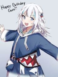 Rule 34 | 1girl, blue dress, blue eyes, blue hair, character name, commentary, dress, gawr gura, gawr gura (1st costume), grey background, hair ornament, happy birthday, hololive, hololive english, hood, hood down, looking at viewer, medium hair, misaki d3su, multicolored hair, open mouth, outstretched arms, shark hair ornament, sharp teeth, solo, spread arms, streaked hair, teeth, upper body, virtual youtuber, white hair