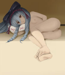 Rule 34 | 1girl, barefoot, blue bow, blue hair, bow, censored, cleft of venus, completely nude, drill hair, feet, female focus, flat chest, hair between eyes, hair bow, hair ribbon, highres, koujin rikka, kuro ai, long hair, looking at viewer, lying, nipples, nude, on side, pillow, pussy, red eyes, red ribbon, ribbon, soles, solo, storm92, thighs, toes, twin drills