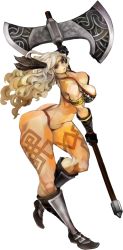 Rule 34 | 1girl, amazon (dragon&#039;s crown), amazon warrior, armlet, armor, ass, bikini armor, blonde hair, boots, breasts, circlet, curvy, dragon&#039;s crown, feathers, full body, gloves, green eyes, halberd, huge ass, kamitani george, large breasts, long hair, muscular, official art, polearm, tattoo, thick thighs, thighs, transparent background, vanillaware, weapon