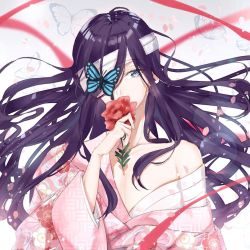 Rule 34 | androgynous, bad id, bad instagram id, bandaged head, bandages, blue eyes, bug, butterfly, cain art811, floral print, flower, gender request, hair between eyes, holding, holding flower, insect, japanese clothes, long hair, looking at viewer, off shoulder, original, purple hair, red flower, solo, unmoving pattern, upper body, very long hair, white background