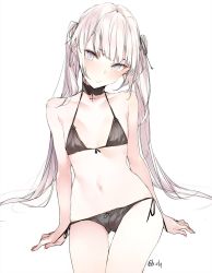 Rule 34 | 1girl, black ribbon, blush, breasts, choker, closed mouth, collarbone, commentary request, cross, cross necklace, feet out of frame, grey eyes, hair ribbon, hands on floor, head tilt, highres, jewelry, light purple hair, lingerie, long hair, looking at viewer, navel, necklace, original, panties, ribbon, shunsei (muratou), simple background, sitting, small breasts, solo, string panties, twintails, twitter username, underwear, white background