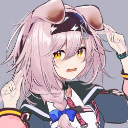 Rule 34 | 1girl, animal ears, arknights, bad id, bad twitter id, black hairband, black jacket, blue bow, blush, bow, braid, cat ears, commentary request, goldenglow (arknights), hair between eyes, hair bow, hairband, hands in hair, highres, infection monitor (arknights), jacket, lightning bolt print, long hair, long sleeves, looking at viewer, open clothes, open jacket, open mouth, penguin4, pink hair, shirt, side braid, solo, tearing up, tears, upper body, white shirt, yellow eyes