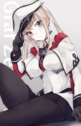 Rule 34 | 10s, 1girl, adjusting clothes, adjusting headwear, bad id, bad pixiv id, black gloves, black pantyhose, black skirt, blonde hair, blue eyes, breasts, capelet, character name, covered navel, cross, gloves, graf zeppelin (kancolle), hair between eyes, hat, impossible clothes, jacket, kantai collection, large breasts, leg up, long hair, long sleeves, looking at viewer, miniskirt, necktie, pantyhose, peaked cap, petopetoo, sidelocks, sitting, skirt, solo, tsurime, twintails, uniform