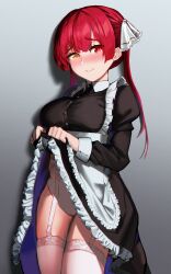 Rule 34 | 1girl, absurdres, alternate costume, apron, black dress, blush, breasts, closed mouth, clothes lift, dress, dress lift, enmaided, frilled dress, frills, garter belt, grey background, heart, heart-shaped pupils, heterochromia, highres, hololive, houshou marine, large breasts, lifting own clothes, long hair, long sleeves, maid, maid apron, nyxview, panties, raised eyebrows, red eyes, red hair, smile, solo, symbol-shaped pupils, thighhighs, twintails, underwear, virtual youtuber, white garter belt, white panties, white thighhighs, yellow eyes