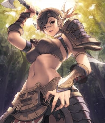 Rule 34 | 1girl, armor, black eyes, braid, breasts, brown hair, card (medium), chaos online, facepaint, faulds, fingernails, from below, headband, large breasts, looking at viewer, love cacao, mazenda (chaos online), midriff, navel, official art, over shoulder, pauldrons, scar, short hair, shoulder armor, single braid, solo, strapless, sword, sword over shoulder, tube top, vambraces, weapon, weapon over shoulder