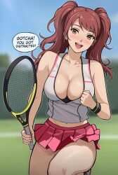 Rule 34 | 1girl, :d, blurry, blurry background, breasts, brown eyes, brown hair, cleavage, clenched hand, collarbone, commentary, cropped shirt, english commentary, english text, highres, holding, holding racket, kujikawa rise, large breasts, lepypepy, long hair, looking at viewer, midriff, miniskirt, navel, open mouth, outdoors, patreon username, persona, persona 4, pink skirt, pleated skirt, racket, shirt, skirt, sleeveless, sleeveless shirt, smile, solo, speech bubble, sportswear, sweatband, teeth, tennis court, tennis racket, tennis skirt, tennis uniform, twintails, upper teeth only, white shirt