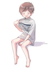 Rule 34 | 1boy, barefoot, blush, brown hair, closed eyes, collar tug, full body, highres, male focus, naked shirt, open mouth, original, piko (pixiv), shirt, simple background, sitting, solo, white background