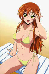 Rule 34 | 1girl, :d, adjusting hair, arm up, beach, bikini, blush, breasts, brown hair, chair, cleavage, code geass, female focus, gloves, gradient background, green eyes, hair between eyes, hand on head, happy, highres, large breasts, long hair, looking at viewer, lounge chair, navel, nipples, official art, open mouth, outdoors, parted bangs, sand, shirley fenette, sidelocks, single vertical stripe, sitting, smile, solo, spread legs, swim cap, swimsuit, taut clothes, thighs, third-party edit, wet, wet hair, wide hips