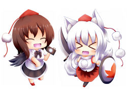 Rule 34 | &gt; &lt;, 2girls, animal ears, bad id, bad pixiv id, bare shoulders, black wings, blush, book, breasts, brown hair, camera, chibi, detached sleeves, closed eyes, fang, happy, hat, highres, inubashiri momiji, large breasts, looking at viewer, medium breasts, multiple girls, oohirakeisuke, open mouth, pom pom (clothes), shameimaru aya, shield, shirt, short hair, silver hair, smile, sword, tail, tokin hat, touhou, weapon, white shirt, wings, wolf ears, wolf tail