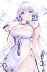 Rule 34 | 1girl, ahoge, azur lane, blue eyes, blush, breasts, bursting breasts, china dress, chinese clothes, cleavage, cowboy shot, cpqm, dress, folded fan, folding fan, garter straps, hair ornament, hair ribbon, hand fan, highres, holding, holding fan, illustrious (azur lane), illustrious (maiden lily&#039;s radiance) (azur lane), lace, lace-trimmed legwear, lace trim, large breasts, long hair, looking at viewer, low twintails, ribbon, smile, solo, thighhighs, twintails, white dress, white thighhighs
