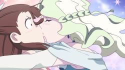 Rule 34 | 2girls, absurdres, alternate costume, blush, brown hair, closed eyes, couple, diana cavendish, dress, highres, kagari atsuko, kiss, little witch academia, looking at another, multicolored hair, multiple girls, star (symbol), starry background, surprised, wide eyes, yuri