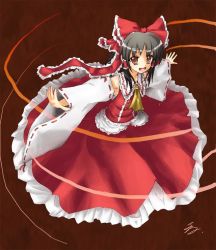 Rule 34 | 1girl, :d, ascot, bare shoulders, black hair, bow, detached sleeves, female focus, full body, hair bow, hair tubes, hakurei reimu, long hair, long sleeves, looking at viewer, mountain of faith, open mouth, outstretched arms, red background, red bow, red skirt, ribbon-trimmed sleeves, ribbon trim, samuraiguchi, simple background, skirt, smile, solo, touhou, vest