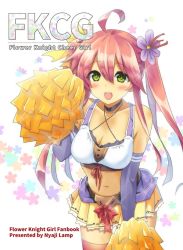 Rule 34 | ahoge, alternate costume, artist request, breasts, cheerleader, cleavage, english text, flower, flower knight girl, green eyes, hair flower, hair ornament, looking at viewer, navel, open mouth, pink hair, pom pom (cheerleading), saffron (flower knight girl), solo, thighhighs, twintails