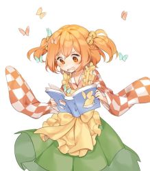 Rule 34 | 1girl, apron, bad id, bad twitter id, bell, book, bug, butterfly, checkered clothes, checkered shirt, d:, hair bell, hair ornament, hole, insect, japanese clothes, jingle bell, misha (hoongju), motoori kosuzu, open mouth, red eyes, red hair, shirt, short hair, solo, touhou, twintails, two side up, wide sleeves, worried