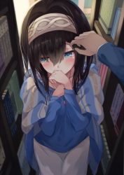 Rule 34 | 10s, 1girl, adjusting another&#039;s hair, backlighting, black hair, blue eyes, blue sweater, blurry, blush, book, bookshelf, collarbone, covered mouth, covering own mouth, cowboy shot, depth of field, from above, hair between eyes, tucking hair, hairband, hand on own chest, hand over own mouth, holding another&#039;s hair, idolmaster, idolmaster cinderella girls, igayan, jewelry, long sleeves, looking away, necklace, out of frame, outstretched arm, pencil skirt, pendant, pov, pov hands, ribbed sweater, sagisawa fumika, shawl, skirt, solo focus, standing, sweater, w arms, white skirt