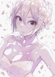 Rule 34 | 1girl, armpits, bare shoulders, breasts, cleavage, collarbone, commentary request, double-parted bangs, falling petals, floral print, flower, grey hair, hair flower, hair ornament, highres, idolmaster, idolmaster cinderella girls, looking at viewer, medium breasts, mochipuyo, petals, shiomi syuko, short hair, smile, solo, upper body