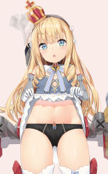 Rule 34 | 1girl, :o, agnam ore, azur lane, bad id, bad pixiv id, bad proportions, bare shoulders, black panties, blonde hair, blue eyes, blue ribbon, blunt bangs, blush, bow, clothes lift, cowboy shot, crown, detached sleeves, dress, dress lift, drill hair, fang, flat chest, frilled panties, frills, from below, gloves, gluteal fold, grey dress, hair bow, heart, highres, lifted by self, long hair, long sleeves, looking at viewer, looking down, machinery, navel, neck ribbon, open mouth, panties, queen elizabeth (azur lane), ribbon, sidelocks, smoke, standing, straight hair, tareme, thighhighs, underwear, white bow, white gloves, white thighhighs